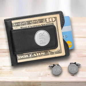 Personalized Black Leather Money Clip Wallet with Gunmetal Cufflinks
