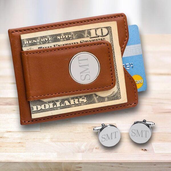 Personalized Brown Leather Money Clip Wallet + Pin Stripe Cuff Links Gift Set