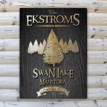 Load image into Gallery viewer, Personalized Midnight Wood Gain Welcome to the Lake Canvas Sign
