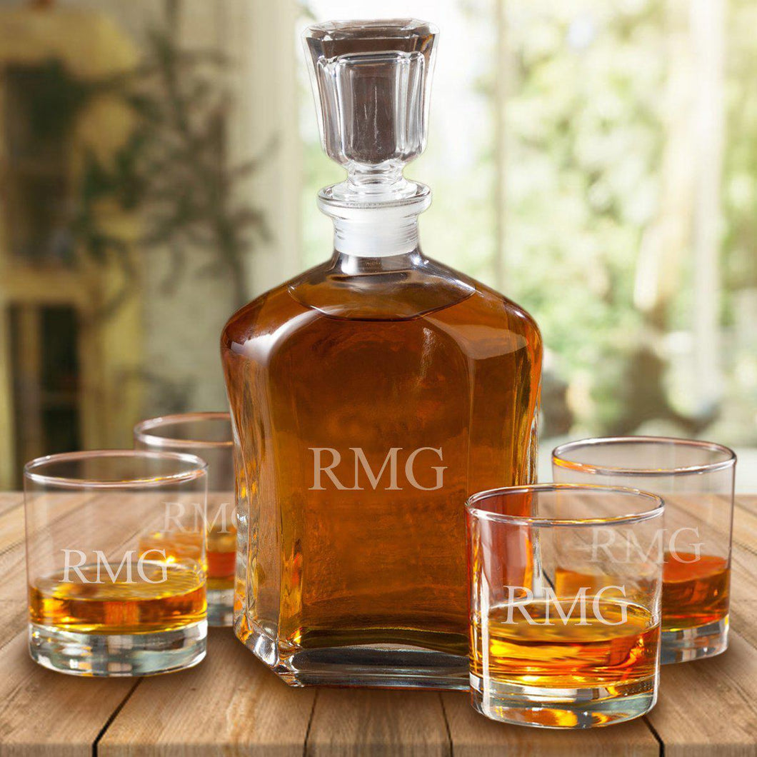 Personalized Decanter set with 4 Low Ball Glasses