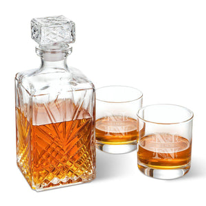 Personalized Square Whiskey Decanter Set with Stopper and 2 Low Ball Glass Set