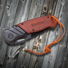 Load image into Gallery viewer, Saw Mountain Personalized Wood Handle Spring Assisted Pocket Knife With Leather Wrist Lanyard
