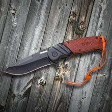 Load image into Gallery viewer, Saw Mountain Personalized Wood Handle Spring Assisted Pocket Knife With Leather Wrist Lanyard
