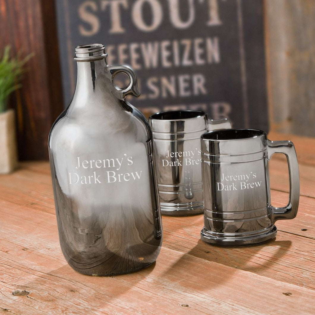 Craft Beer Personalized Gunmetal Growler and Beer Mug Set