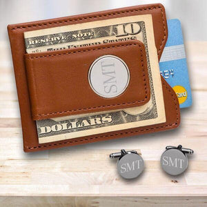 Personalized Brown Leather Money Clip Wallet & Gunmetal Cufflinks Gift Set
